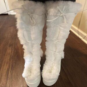 🆕Womens White Synthetic Mid Calf Lace Up Chunky High Heel Warm Fur Snow Boots